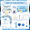 118 PCs First Birthday Decorations for Boy, Party Inspo Baby Boy 1st Birthday Decorations One Year Old Backdrop Balloon Garland Monthly Photo High Chair Banner Cake Topper Box Cutout Poster Crown Blue view 2