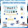 118 PCs First Birthday Decorations for Boy, Party Inspo Baby Boy 1st Birthday Decorations One Year Old Backdrop Balloon Garland Monthly Photo High Chair Banner Cake Topper Box Cutout Poster Crown Blue view 3