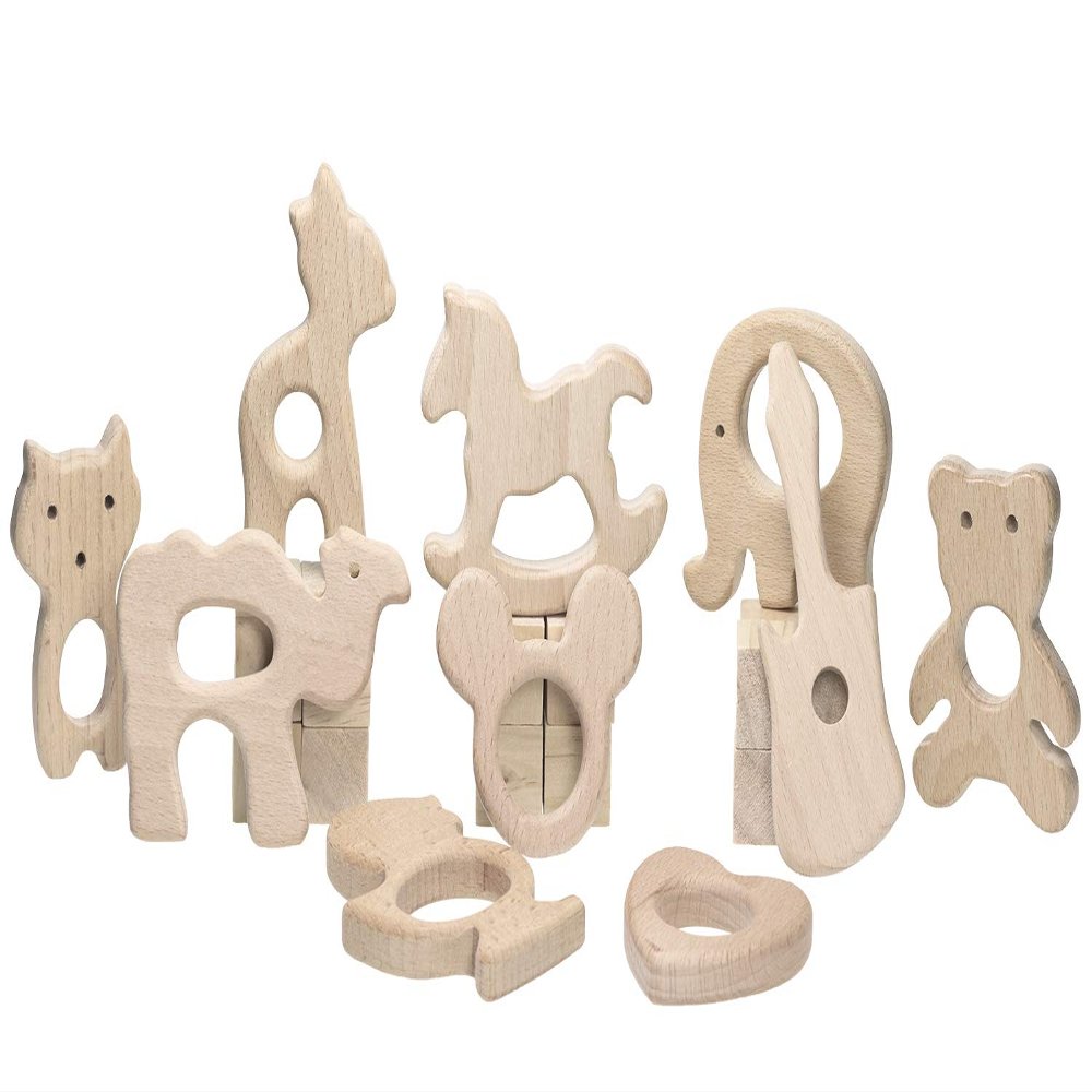 Baby Teething Toys Penta Angel 10Pcs Natural Wooden Teething Animal Rings for Newborn Toddler Infant (10)