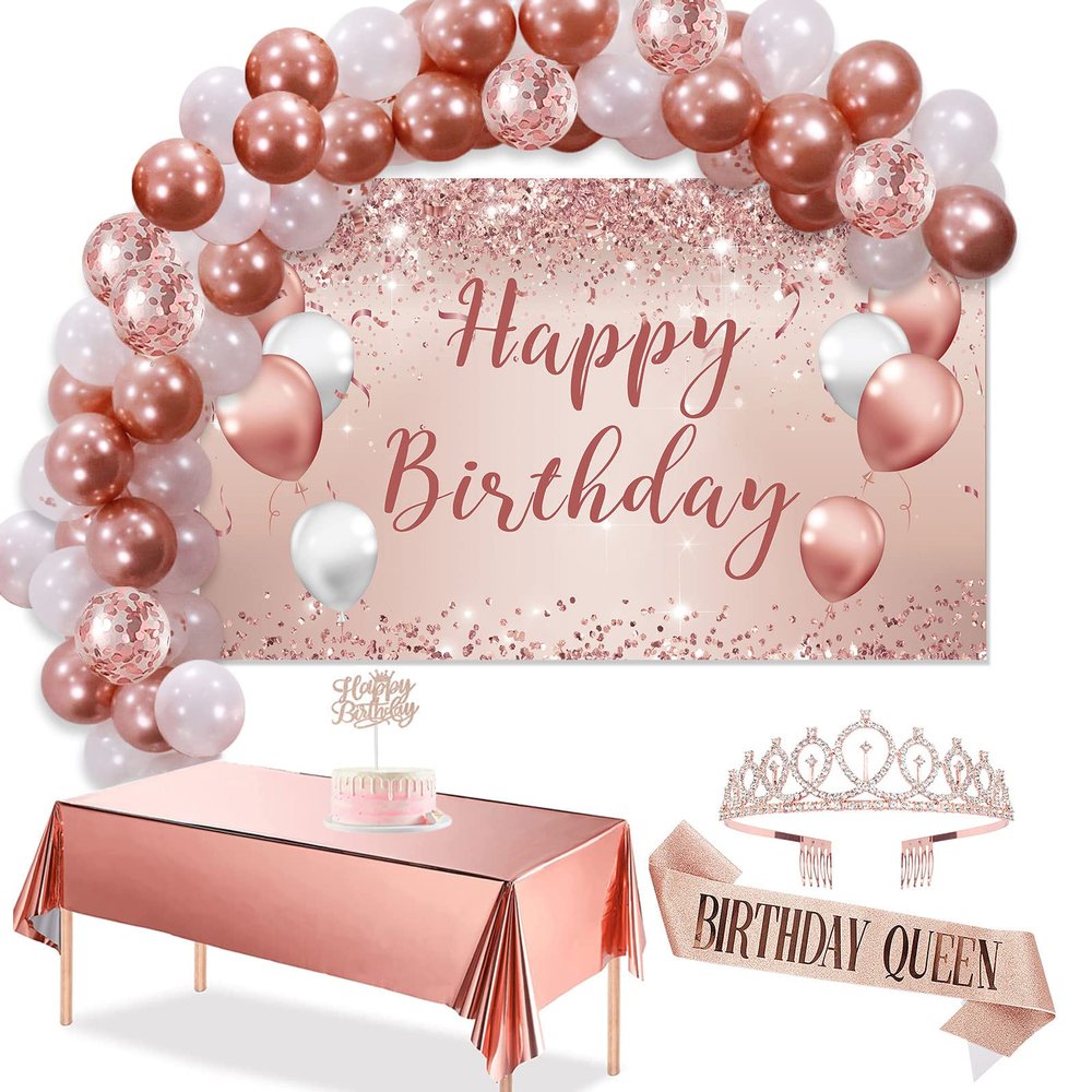 Trgowaul Birthday Decorations Balloon Garland Kit Arch for Women, Rose Gold Happy Birthday Banner, Sash and Tiara, Pink Bday Cake Topper, Tablecloth for her, Party Favor Supplies Ideas Decor
