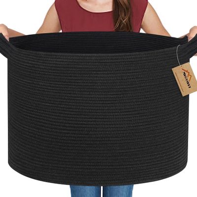 MEGASKET Large Black Blanket Basket, 22" X 22" X 14" Woven Rope Bin for Storage, Kids Dog Toy Storage Box Organizer Bins, Blanket Holder for Living Room, Decorative Wicker Basket for Organizing