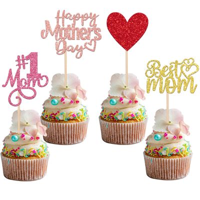 24 Pack Happy Mother's Day Cupcake Toppers Glitter Number 1 Mom Love Heart Best Mom Cupcake Picks for Women Birthday Happy Mother's Day Theme Party Cake Decorations Supplies Colorful