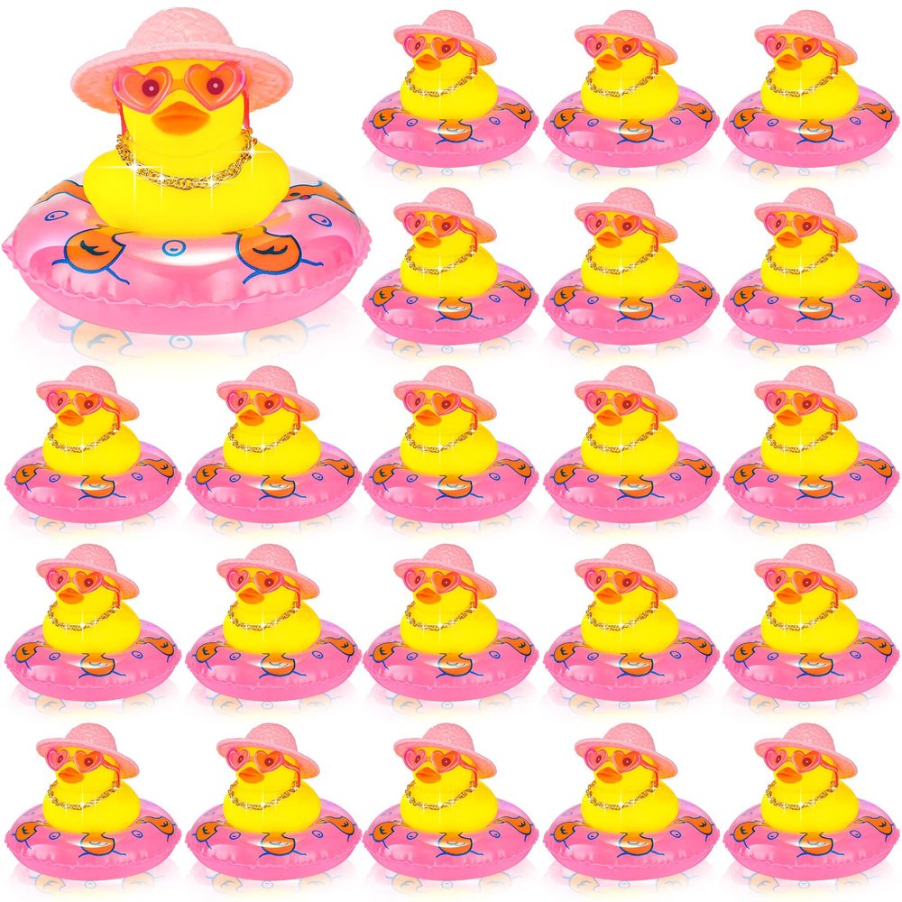 Sotiff Mini Rubber Ducks Bulk for Kids Children Cute Yellow Duck Toy for Dashboard of Car Ornaments with Sunglasses Swim Ring Mini Hat Necklace for Birthday Party Gift(24 Sets,Sweet)