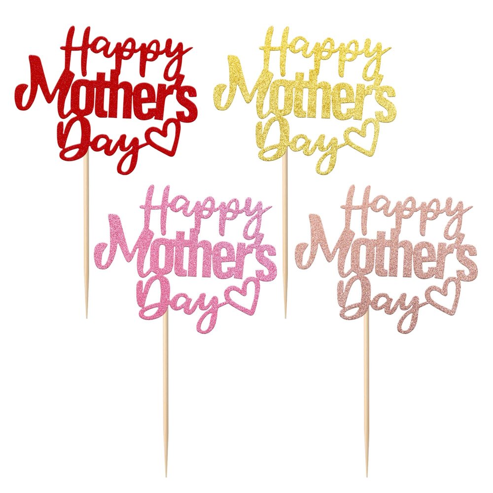 24 Pack Happy Mother's Day Cupcake Toppers with Glitter Hollow Heart Love Mother Best Mom Cupcake Food Picks Women Birthday Happy Mother's Day Theme Party Cake Decorations Supplies Colorful