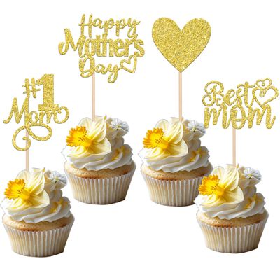 24 Pack Happy Mother's Day Cupcake Toppers Glitter Number 1 Mom Love Heart Best Mom Cupcake Picks for Women Birthday Happy Mother's Day Theme Party Cake Decorations Supplies Gold