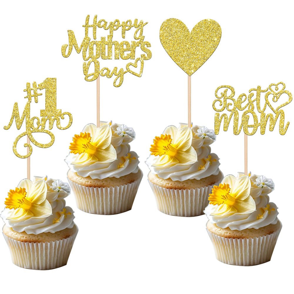 24 Pack Happy Mother's Day Cupcake Toppers Glitter Number 1 Mom Love Heart Best Mom Cupcake Picks for Women Birthday Happy Mother's Day Theme Party Cake Decorations Supplies Gold