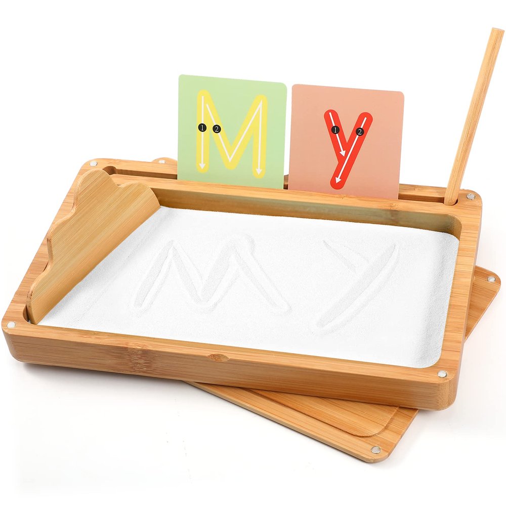 AtMini Sand Tray for Classroom Wooden Montessori Sand Tray with Lid for Kids Writing Letters and Numbers, Preschool Classroom Must Haves, Kindergarten Learning Tools (White)