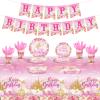 172 Pcs Princess Birthday Party Supplies Serves 24 Include Castle Tablecloth Pink Princess Birthday Banner Party Plates and Napkins Tableware Set for Girls Theme Decorations view 1