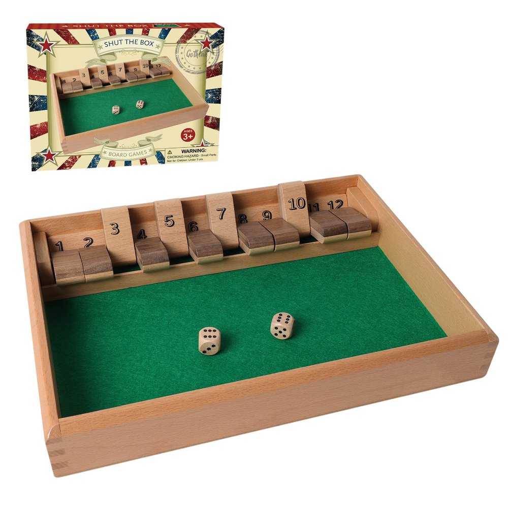 GOTHINK Shut The Box - Table Math Game with 12 Inch Wooden Board for Adults & Kids - 12 Spots Dice Game with 2+ Player Games, Includes 2 Dice, Ideal for Game Night, Travel, Classroom - (Ages 6+)