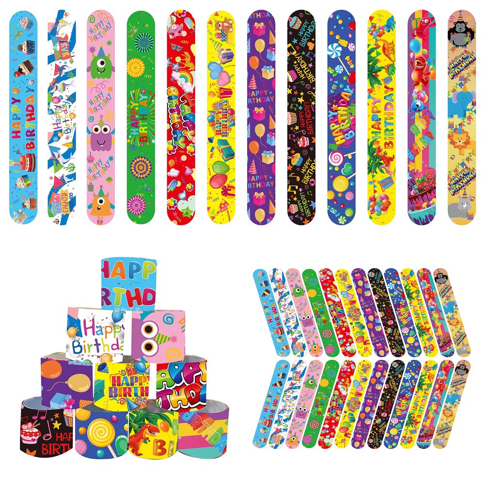 48 Pcs Happy Birthday Slap Bracelets for Kids Birthday Party Slap Bracelets Bulk Snap Bracelet Party Favors Supplies for kids&teens Gifts Teacher Classroom School Favors Prizes Exchanging Gifts