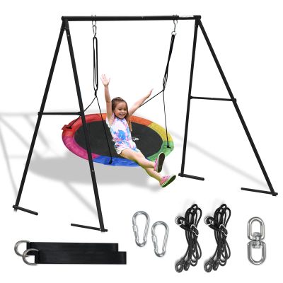 440lbs Swing Set-43 Saucer Tree Swing&71 High A Frame Swing Stand Heavy Duty,All Weather Resistance,Durable&Sturdy Textiline &Power-Coated Tubes,Suit Kids Backyard Outdoor (6clr+bk)