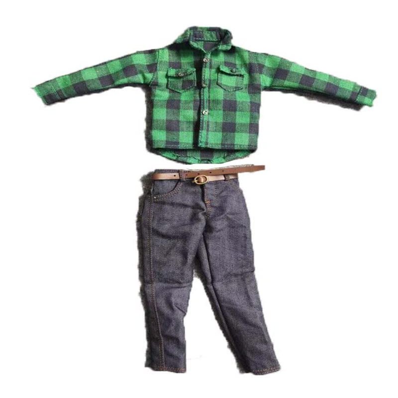 1/6 Scale Fashion Casual Green Plaid Shirt+Jeans Belt Suit Model