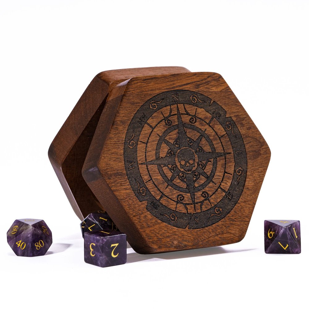 UDIXI Wooden DND Dice Box with Magnetic Lid for Storage Set of 7 Polyhedral Dice, with Compass and Skull Pattern, Compatible with RPG Tabletop Game