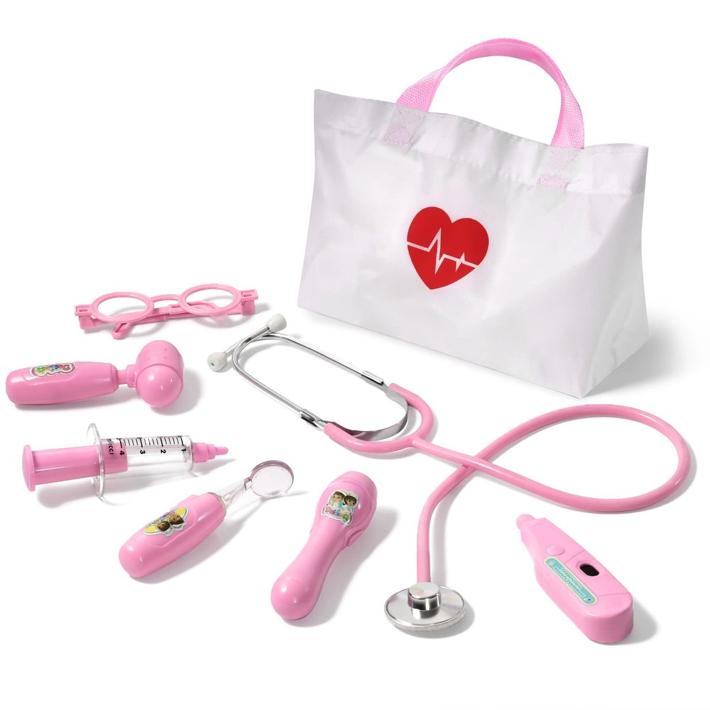 Phobby Kids Doctor Kit, 8 Pieces Toddlers Doctor Playset with Medical Storage Bag & Real Stethoscope, Pretend Play Doctor Toys Birthday Gift for Boys Girls Aged 3 4 5 6 (Pink)