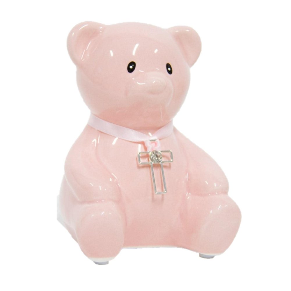 Teddy Money Bank With Cross and Diamante - Pink, ideal for Christening, birthday, new baby, communion or Chistmas