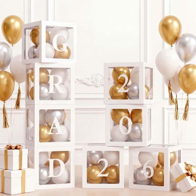 Ledido 2026 Graduation Balloon Boxes Decorations, 4 Pieces White Clear Grad Balloon boxes with Letters, Class of 2026 Graduation Party Supplies for College, High School, Prom, Birthday, Baby Shower