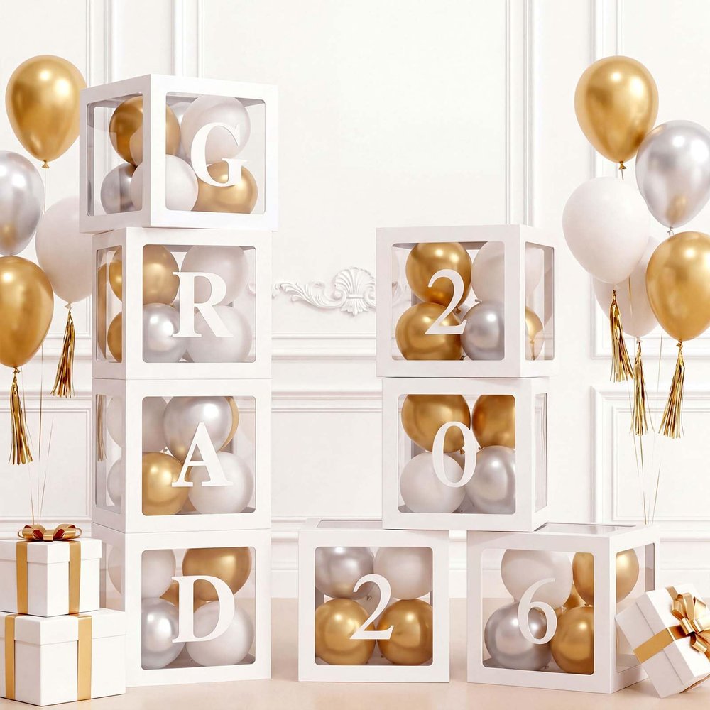 Ledido 2026 Graduation Balloon Boxes Decorations, 4 Pieces White Clear Grad Balloon boxes with Letters, Class of 2026 Graduation Party Supplies for College, High School, Prom, Birthday, Baby Shower