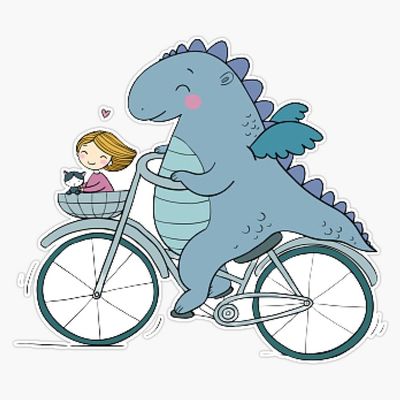 Funny Cartoon Dinosaur On Bicycle - Traveler Cute Girl and Cat Sticker Decal Size 5"
