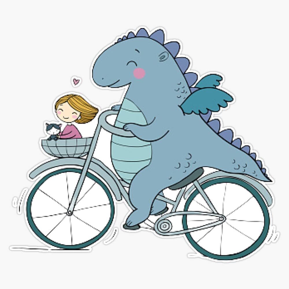Funny Cartoon Dinosaur On Bicycle - Traveler Cute Girl and Cat Sticker Decal Size 5"