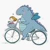 Funny Cartoon Dinosaur On Bicycle - Traveler Cute Girl and Cat Sticker Decal Size 5" view 1