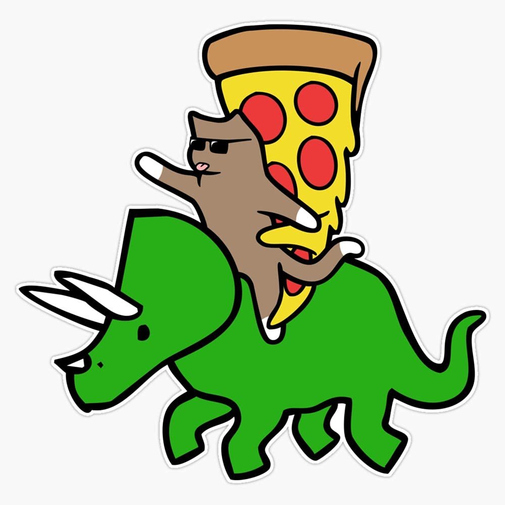 Cat and Pizza Riding Triceratops Sticker Decal Size 5"