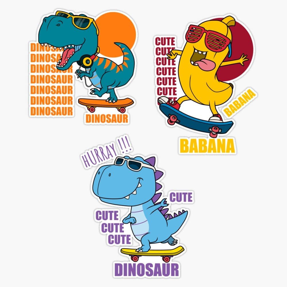 Dinosaur Riding On A Skateboard Pack Sticker Decal Size 5"