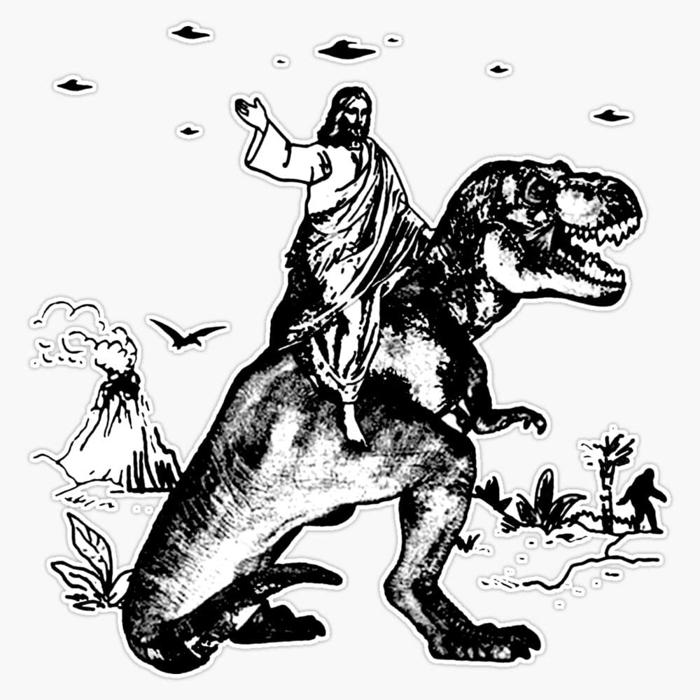 Cute Jesus Riding Dinosaurs Sticker Decal Size 5"
