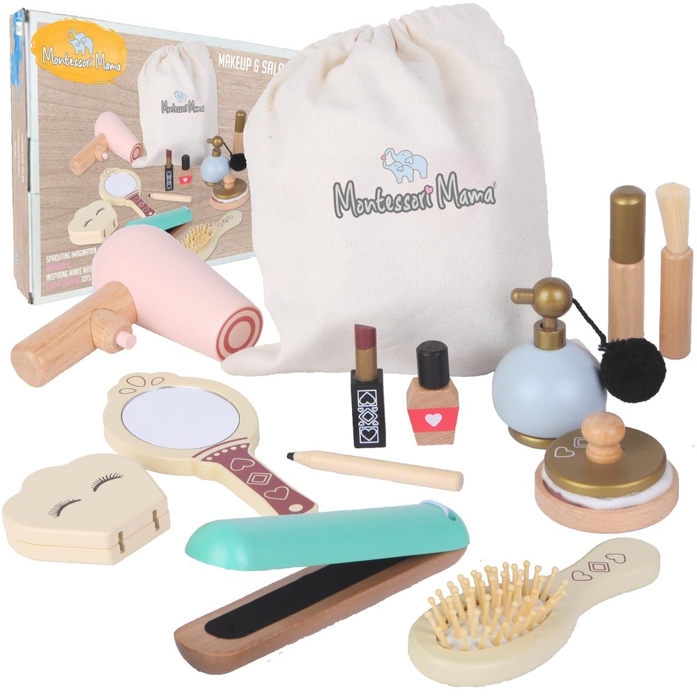 Montessori Mama Makeup and Salon Set - Wooden Pretend Play Beauty Play Makeup Kit with Styling Tools and Cosmetics - Pretend Makeup for Toddlers for 4 Year Old Girl