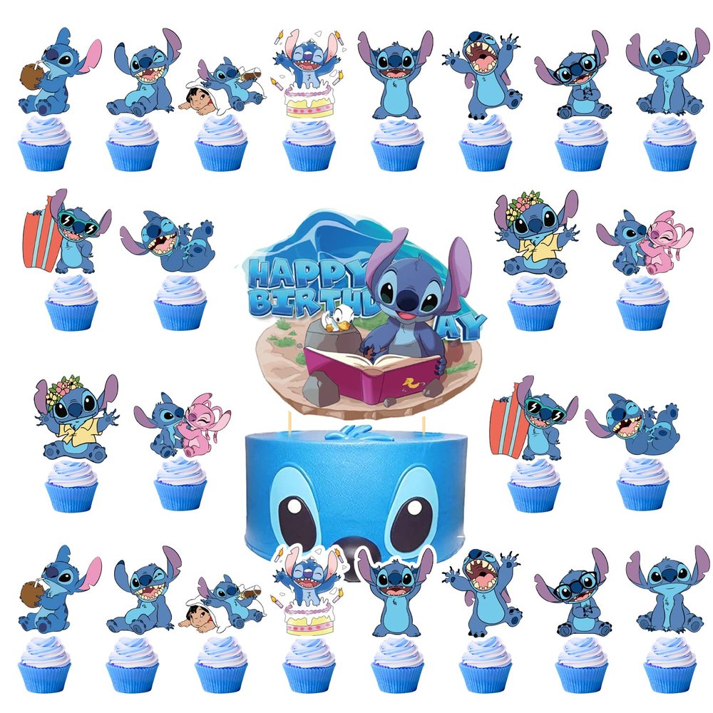 25Pcs Sti-tch Party Decorations, Sti-tch Birthday Party Cake Topper Cupcake Toppers Decoration for Sti-tch Theme Party Favors Supplies for Kids Baby Shower Decor