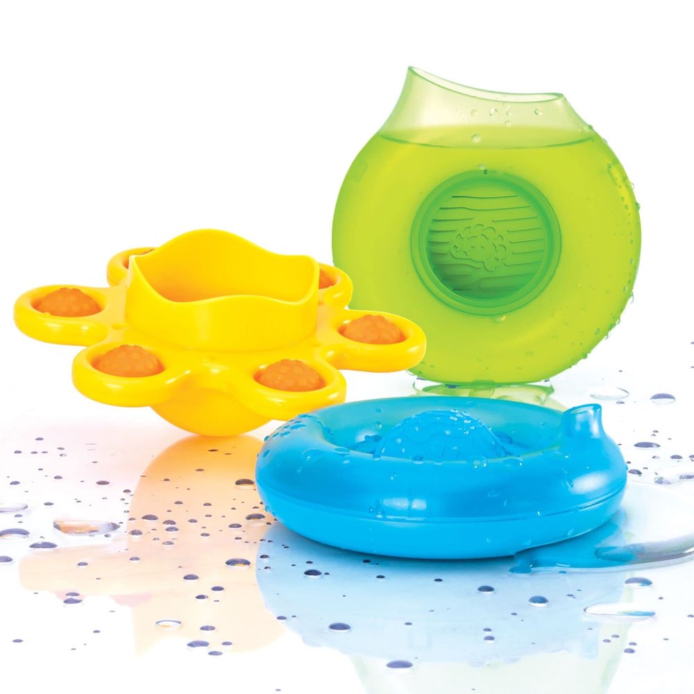 Fat Brain Toys Dimpl Splash - Three Popping Scoop & Pour Bath Toys for Toddlers
