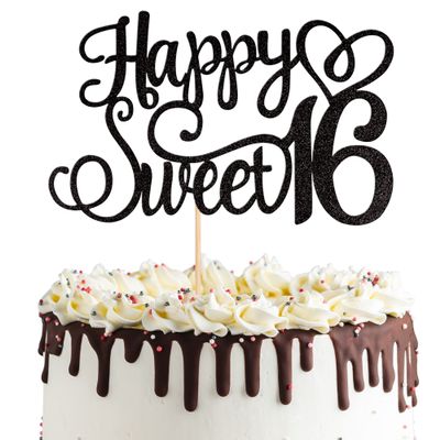 1 PCS Happy Sweet 16 Cake Topper Glitter 16th Birthday Cake Pick Cheers to 16 Years Sweet 16 Birthday Cake Decoration for Happy 16th Birthday Anniversary Party Decorations Supplies Black