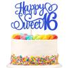 Happy Sweet 16 Cake Topper - Glitter Hello 16 Cheers to 16 Years Cake Pick - 16th Birthday Cake Decoration for Anniversary Party Supplies (Deep Blue, 1 PCS) view 1
