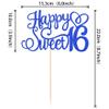 Happy Sweet 16 Cake Topper - Glitter Hello 16 Cheers to 16 Years Cake Pick - 16th Birthday Cake Decoration for Anniversary Party Supplies (Deep Blue, 1 PCS) view 2