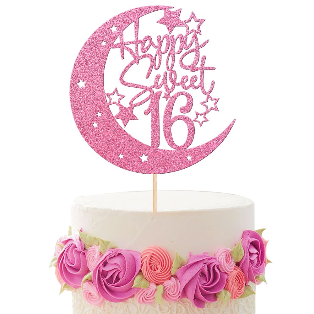 1 PCS Sweet 16 Cake Topper Glitter Moon Star Happy 16th Birthday Cake Pick Cheers to 16 Years Cake Decorations for Anniversary Party Supplies Pink