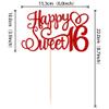 1 PCS Happy Sweet 16 Cake Topper Glitter 16th Birthday Cake Pick Cheers to 16 Years Birthday Cake Decoration for Happy 16th Birthday Anniversary Party Decorations Supplies Red view 2