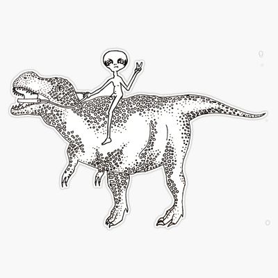 Alien Riding A Dinosaur Sticker Decal Size 5"