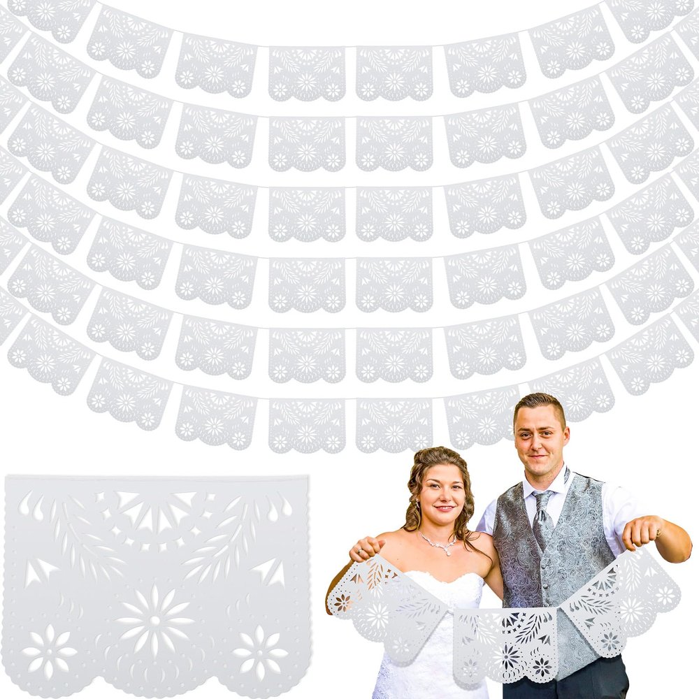 Tatuo 10 Pack 164 Feet Plastic White Papel Picado Banner Mexican Banner Cielito Lindo Party Decoration Large Mexico Fiesta Party Decorations Wedding Fiesta Hanging Flags for Cinco De Mayo