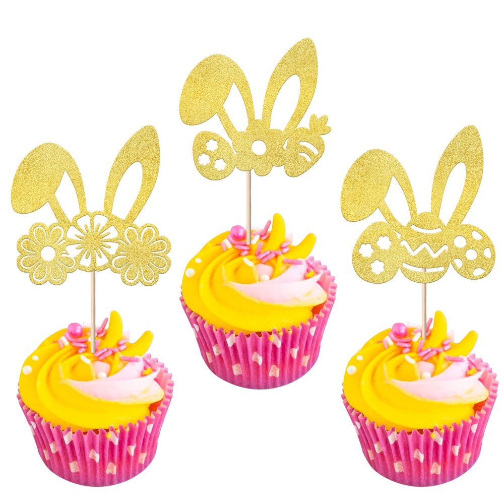 24 Pack Easter Bunny Ears Cupcake Toppers Glitter Carrot Egg Rabbit Ears Cupcake Picks Cake Decorations Easter Theme for Baby Shower Kids Birthday Party Supplies Gold