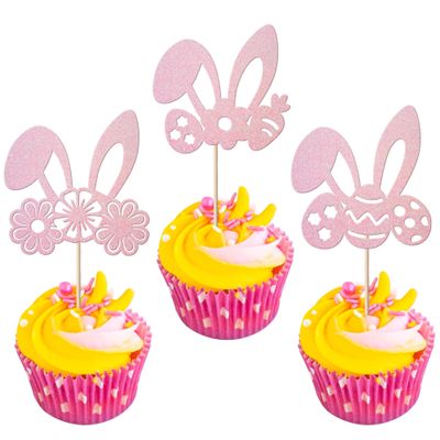 24 Pack Easter Bunny Ears Cupcake Toppers Glitter Carrot Egg Rabbit Ears Cupcake Picks Happy Easter Theme for Baby Shower Kids Birthday Party Cake Decorations Supplies Pink