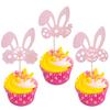 24 Pack Easter Bunny Ears Cupcake Toppers Glitter Carrot Egg Rabbit Ears Cupcake Picks Happy Easter Theme for Baby Shower Kids Birthday Party Cake Decorations Supplies Pink view 1