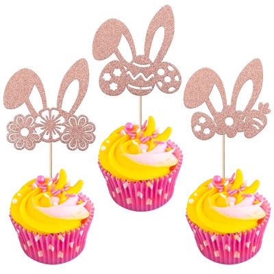 24 Pack Easter Rabbit Cupcake Toppers Glitter Carrot Eggs Bunny Ears Cupcake Picks Happy Easter Theme for Baby Shower Kids Birthday Party Cake Decorations Supplies Rose Gold