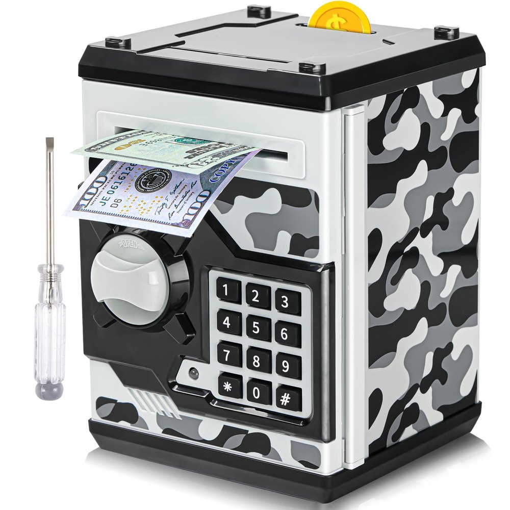 ATM Piggy Bank for Boys Girls, Vcertcpl Mini ATM Coin Bank Money Saving Box with Password, Kids Safe Money Jar for Adults with Auto Grab Bill Slot, Great Gift Toy Bank for Kids(Camouflage Gray)
