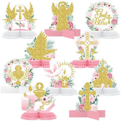 10 Pcs Baptism Decorations First Communion Honeycomb Centerpieces for Tables, Glitter Baptism Party Supplies for Baby Shower, Birthday Celebration First Communion Decor(Pink Series)