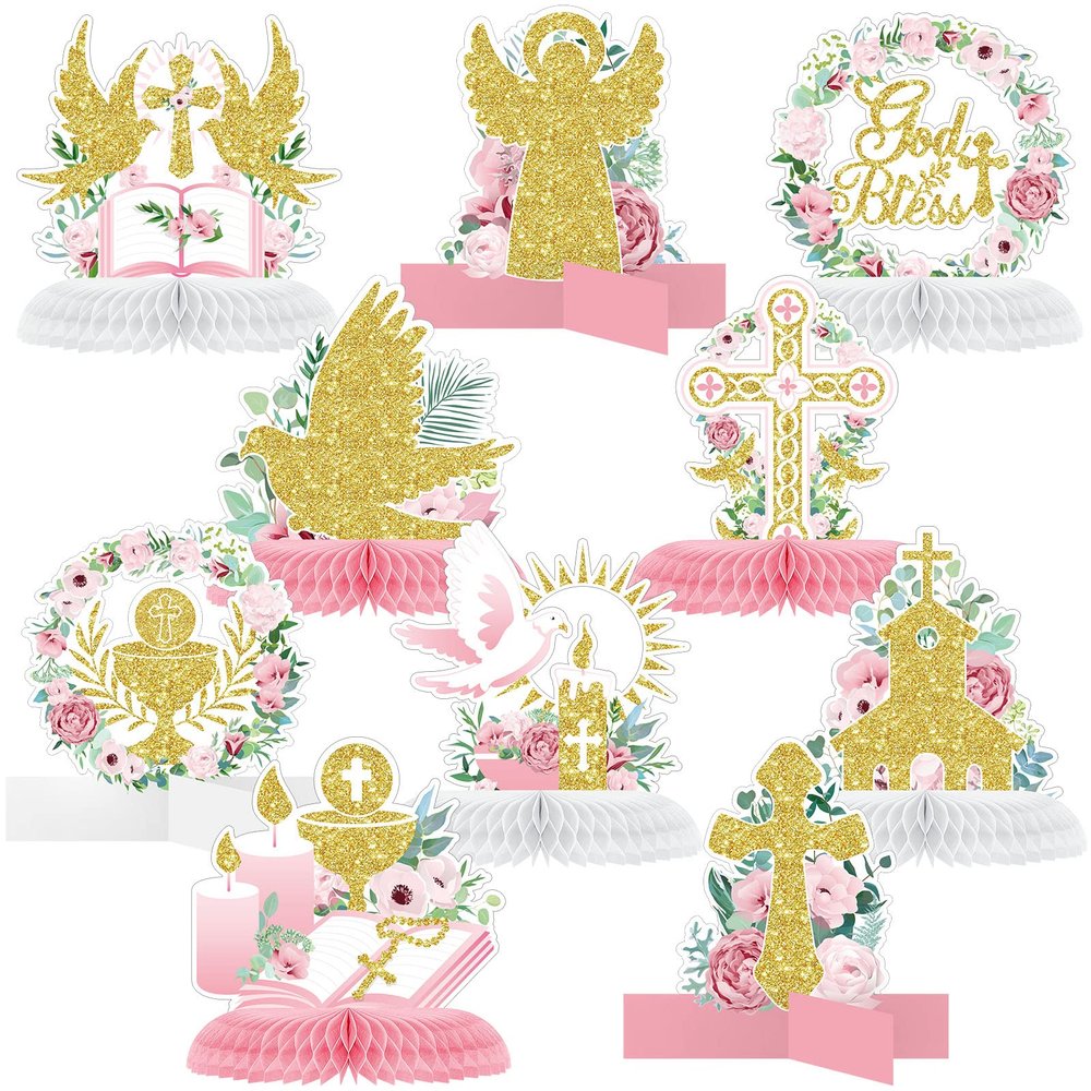 10 Pcs Baptism Decorations First Communion Honeycomb Centerpieces for Tables, Glitter Baptism Party Supplies for Baby Shower, Birthday Celebration First Communion Decor(Pink Series)