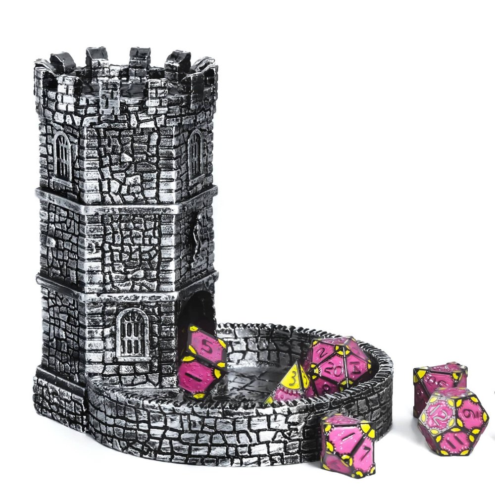 KSNDie Castle DND Dice Tower, Wall Carving Dice Rolling Tower for Role Playing Game | Easy Roller Perfect for Board Game, D&D and RPG (Ancient Silver)