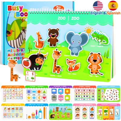 Spanish & English Bilingual Montessori Books for Toddlers 3-4-5, Pre-Assembled Reusable Sticker Activities Toy for Kids to Learn Spanish - Speech Therapy Valentine Gifts for Kid - Juguetes Para Nias