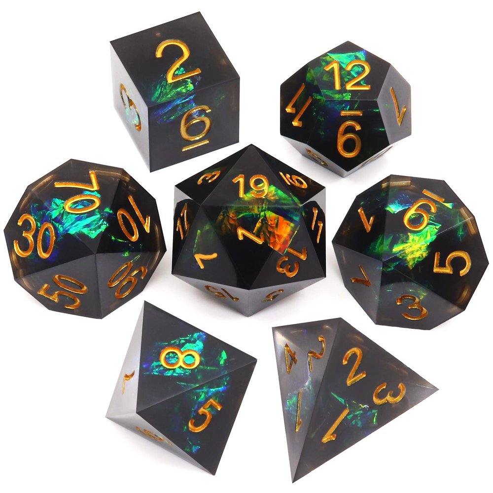 Haxtec DND Dice Set Black Sharp Edge Resin Dice with Dice Case Iridecent D&D Dice for RPG Compatible with Dungeons and Dragons DND Gift-Black Galaxy