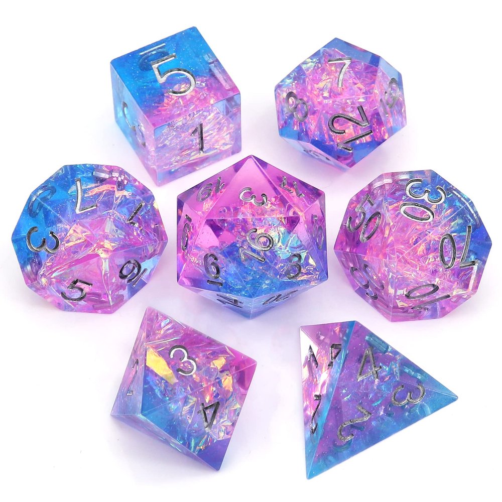 Haxtec Sparkling Sharp Edge Dice Set - Handmade Resin DND Dice with Iridescent Mylar Inclusion, Light Purple and Blue Color Mix-Enchanted Stardust