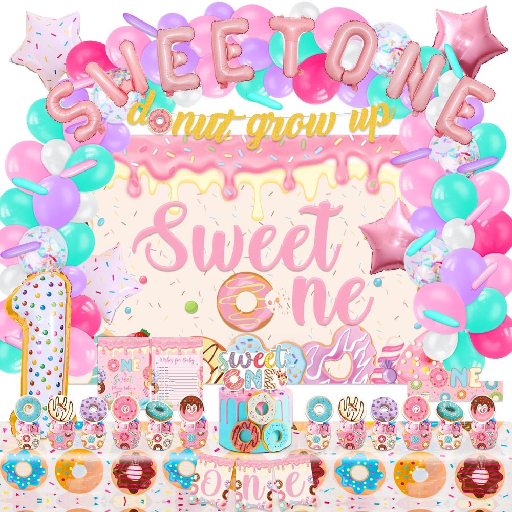 LXlucktim Donut Birthday Party Supplies for 1 Year Old Girl, 150 Pcs Sweet One Party Decorations for Girls Baby - Backdrop, Tablecloth, Crown, Poster