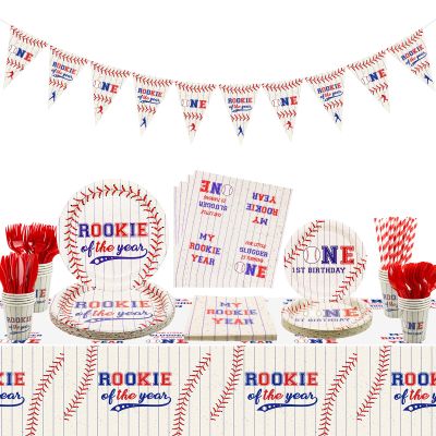Baseball 1st Birthday Party Supplies, Includes Rookie of The Year Banner, Tablecloth, Plates, Napkins, Cups and Straws for 1st Birthday Boys Baby First Baseball Party Decorations, Serves 20 Guests